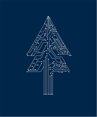 Abstract circuit board of christmas tree concept design. Decorative element suitable for card, cover, wallpaper, packaging and banner. Vector illustration.
