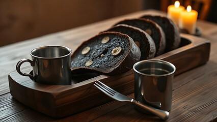 trencher. A wooden trencher with dark bread and a tin cup, cutlery reflecting warm light. menu design, packaging mockups, designed for culinary blogs and recipe cards for restaurants.