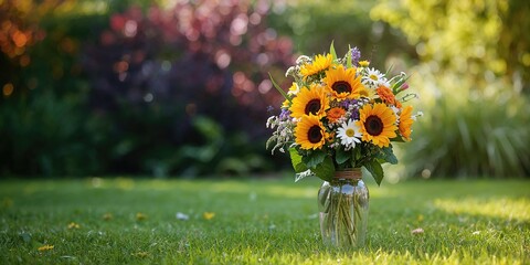 Colorful outdoor garden with yellow, orange, and green sunflowers, emphasizing summer floral display, birthday celebration, and gift presentation