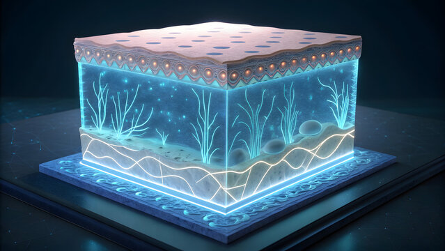 Cross section of human skin with glowing capillaries