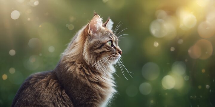 Long-haired brown tabby cat profile, emphasizing feline facial features, natural lighting, and detailed fur texture