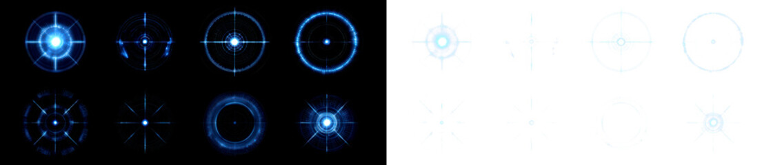 Abstract Blue Light Patterns and Shapes for Design Projects Display on Black and Transparent Background, cutout, png