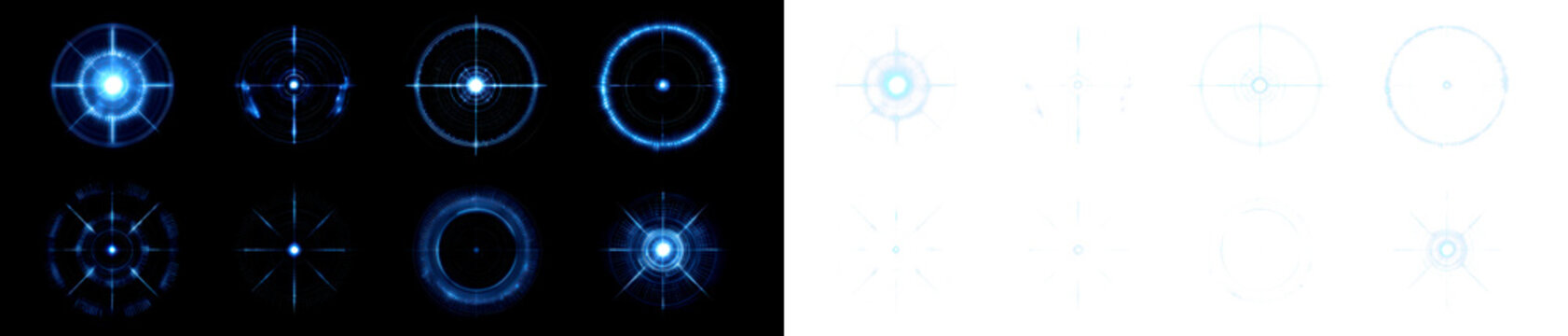 Abstract Blue Light Patterns and Shapes for Design Projects Display on Black and Transparent Background, cutout, png