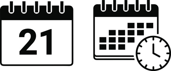 Calendar icons featuring date display, monthly planner layout, time reminder clock, scheduling elements, deadline tracking symbols, and organizational planning tools for productivity.