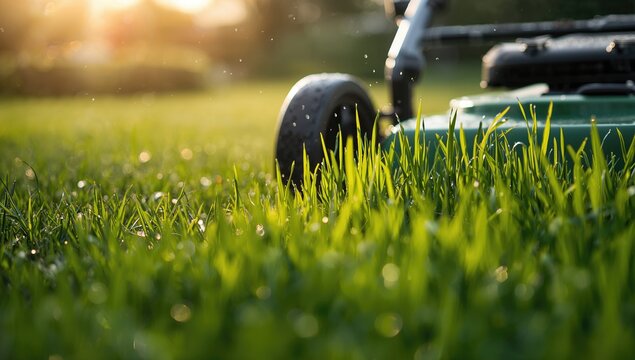 Fresh green grass with water droplets after rain, mowed by rotary mower, in evening summer sunlight, seasonal change