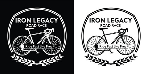 Obraz premium Road race bicycle illustration with text iron legacy road race and laurel wreath on black and white backgrounds