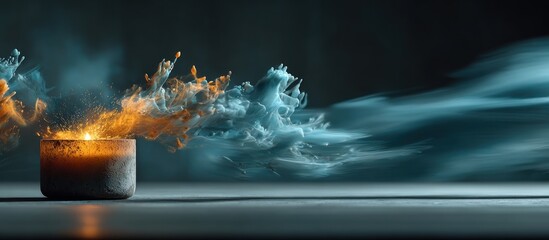 Lit candle with vibrant orange and blue smoke plumes against a dark backdrop
