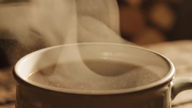 Close-up of steaming hot coffee in a rustic ceramic mug on a wooden table, captured in warm ambient lighting, showcasing swirling steam patterns and cozy morning atmosphere indoors