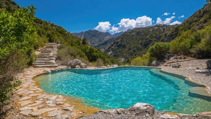 Fototapeta premium A serene blue pool surrounded by mountains, ideal for relaxation and adventure