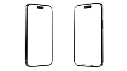 Mobile phone device iPhone 16 Pro Max transparent blank front screen mockup for advertising on transparent background.