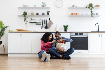 An African American couple sits on the floor in their modern kitchen, unpacking groceries from a paper bag.