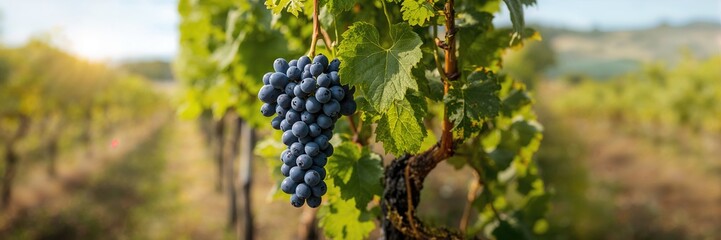 Fototapeta premium Branch of blue grapes on vine in vineyard, emphasizing seasonal harvest practices