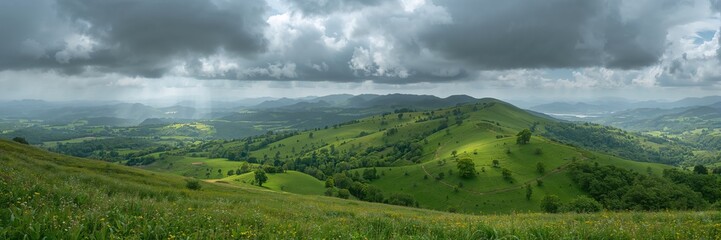 Obraz premium A green mountain landscape under a cloudy sky, suitable as a natural background for editorial layouts