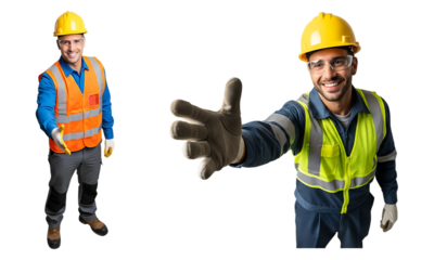 Smiling workers in safety gear extending hands to welcome you. isolated on transparent background
