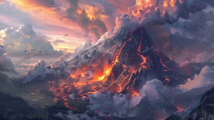 Dramatic Volcano Eruption with Ash Cloud and Flowing Lava &mdash; Natural Disaster Concept