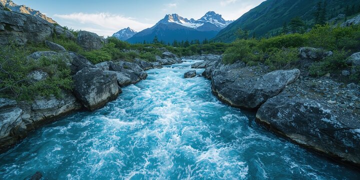 Turbulent spring creek flowing through tall rocks and shrubs, erosion risk during seasonal change