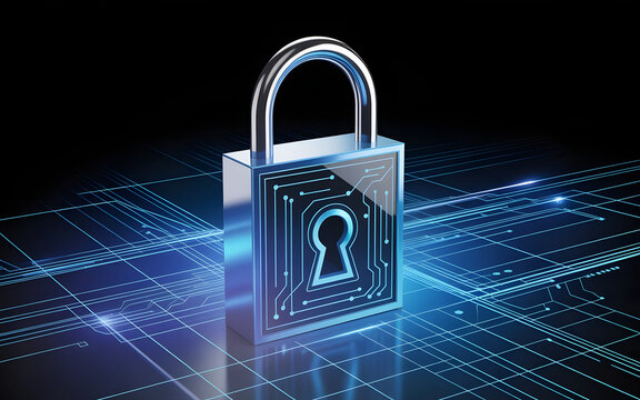 Digital padlock on glowing circuit board representing cybersecurity and data protection