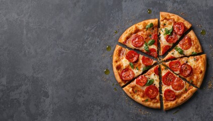 Pizza topped with pepperoni and assorted ingredients, emphasizing processed meat risk, overhead view