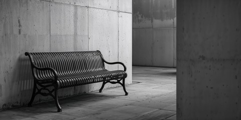 Black grated iron bench against textured office building wall, urban setting emphasizing durability and maintenance needs