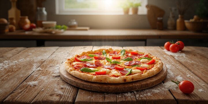 Italian pizza on the table with vegetables and cheese, suitable as a food background for layout or menu design