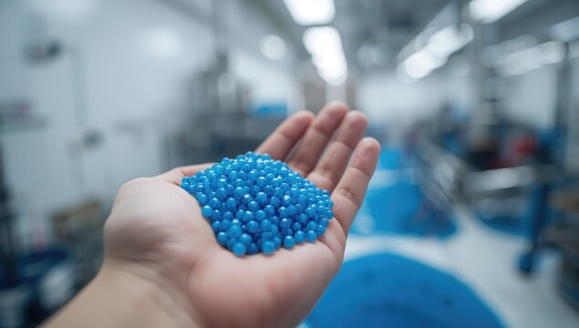 Blue plastic polymer granules used in pipe manufacturing, raw materials for plastic extrusion, industrial supply, World Plastic Day