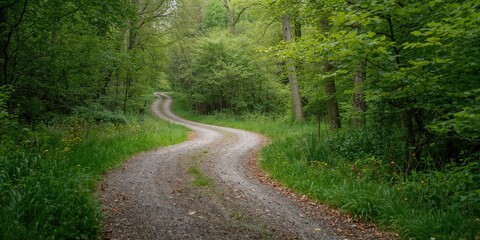 Fototapeta premium A gravel road winding through a lush spring forest, emphasizing seasonal change, Earth Day