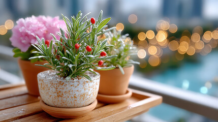 Obraz premium Winter balcony garden with lush plants and frosted pots on wooden shelf overlooking cityscape