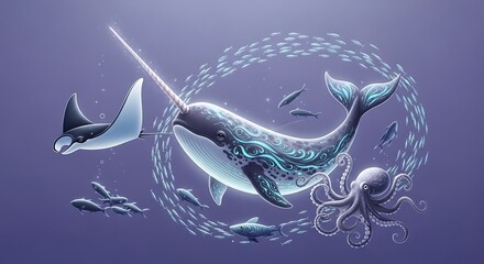 Narwhal, Manta Ray, and Octopus in a Magical Underwater Scene