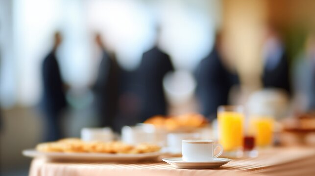 Morning networking event for professionals over soft blur coffee and breakfast in a high-quality environment
