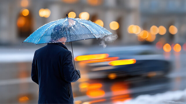 Winter night urban scene with snowfall and blurred lights in city street, umbrella shield from snowflakes