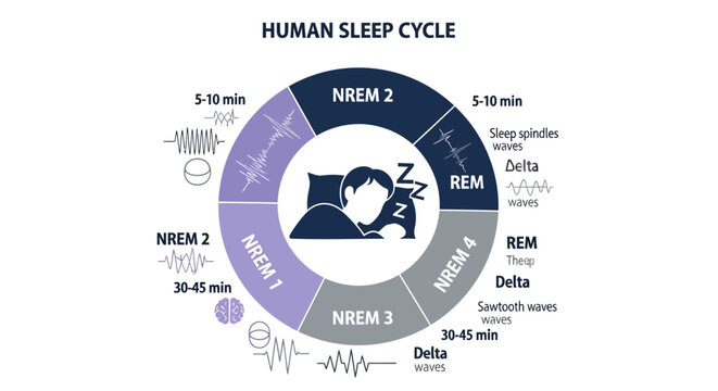 Scientific infographic illustrating the human sleep cycle stages.