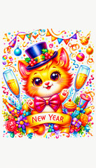 Fototapeta premium Adorable Cartoon Kitten in Top Hat with Festive Drinks and Confetti Burst