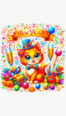 Naklejka premium Festive New Year Kitten with Top Hat, Colorful Bow Tie, and Champagne
