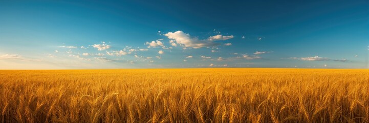 Fototapeta premium Vast wheat field under a bright blue sky with clouds, emphasizing seasonal change