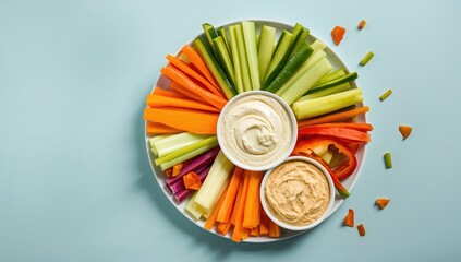 Assorted colorful vegetable sticks served with hummus and yogurt dips, ideal for healthy snacking, World Health Day