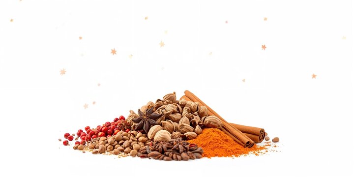 Pile of assorted spices on a white background, used for flavor enhancement and culinary preparation, World Food Day