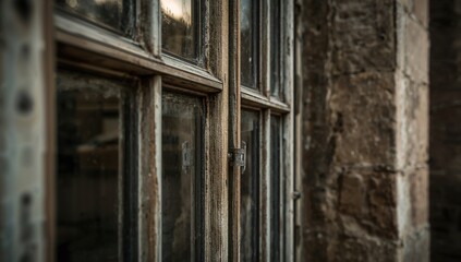 Close-up of an old vintage window revealing intricate architectural details, showcasing historical construction techniques