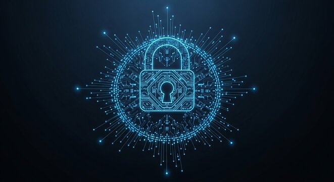Digital data protection concept with glowing padlock and circuit board, symbolizing cybersecurity and data encryption for secure online transactions
