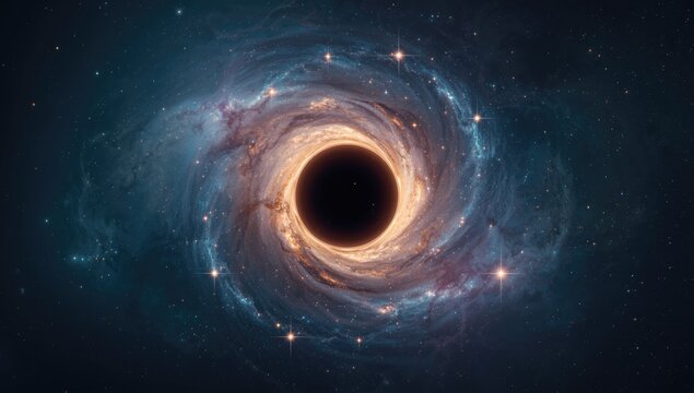 Stars falling into a black hole resembling an eye in space, emphasizing gravitational attraction, Earth Day