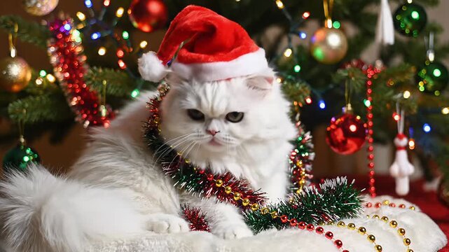 Cute white Persian cat sporting a Santa hat, with festive decorations and garland, excited for the Christmas festivities. 