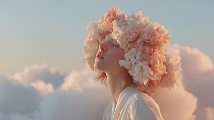 Surreal woman with floral headpiece among clouds Generative AI image