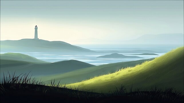 A serene landscape featuring a white lighthouse on a distant hill, surrounded by rolling green hills and calm ocean waters. The scene is bathed in soft, diffuse