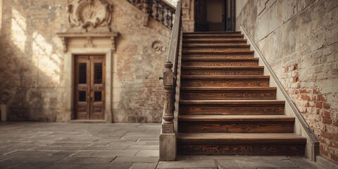 Wooden stairs used as a decorative stage backdrop emphasizing pattern and texture, architectural design, no specific observance
