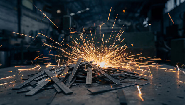 Metal pieces with bright sparks flying in a dark industrial setting.