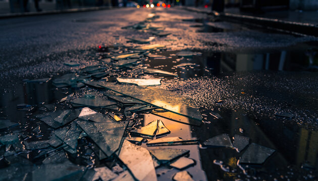 Broken glass shards litter a wet urban street at dusk. - Powered by Adobe