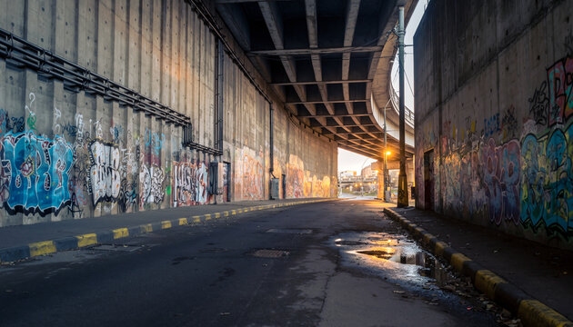 Urban underpass with graffiti art and streetlights at dusk.
