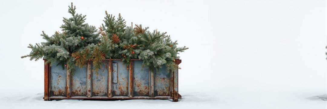 Discarded Christmas trees in a dumpster highlighting waste after holiday season, environmental impact awareness day - Powered by Adobe
