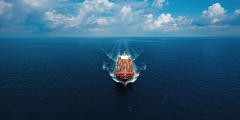 Aerial view of an expansive cargo ship navigating open waters, emphasizing maritime transportation, World Maritime Day