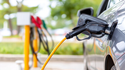 Electric vehicle charging at a station, representing sustainable transportation, clean energy, ecological solution for the environment, and future technology development with copy space