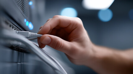 Hand connecting an ethernet cable to a network server switch, establishing data communication and internet connectivity in a modern data center or office environment with copy space